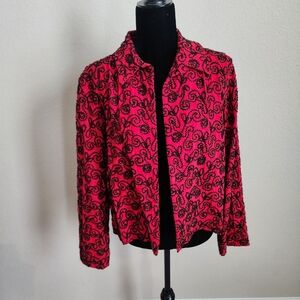Chico's Red/Black Embroidered Long Sleeve Open Jacket Bolero Sz 2 Vintage